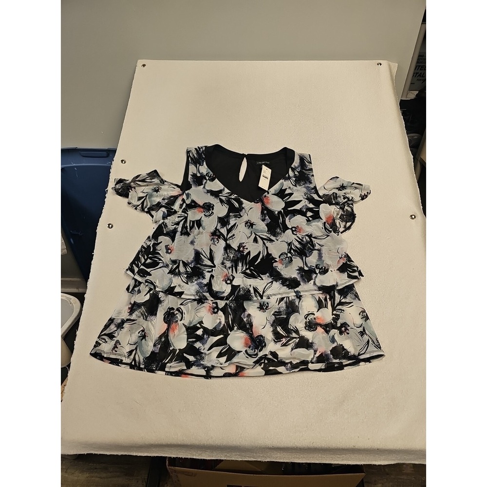 Lane Bryant Black Floral Cold Shoulder V-Neck Dressy Tired Top Sz 14/16 New